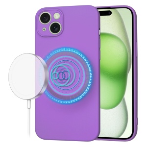 Husa pentru iPhone 15 Plus, SKYDDAR INNOVATION, din Silicon Catifelat, SoftFlex Magsafe, Mov, set cu sticker