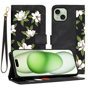 Husa pentru iPhone 15 Plus, SKYDDAR INNOVATION, Floral Wallet, din Piele Ecologică cu Design Floral, Protecție 360°, Stand Integrat, Buzunare pentru Carduri, Negru, set cu sticker