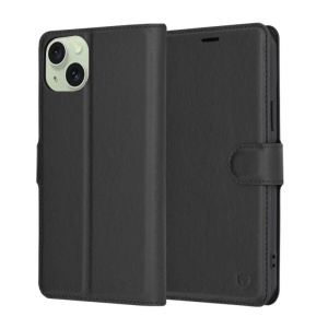 Husa pentru iPhone 15 Plus, SKYDDAR INNOVATION, Leather Folio, tip Carte, cu Portofel Interior, Finisaje Premium, Negru, set cu sticker