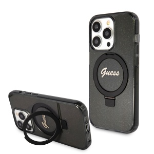 Husa pentru iPhone 15 Pro Ring Stand Script Glitter, Guess - Negru