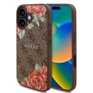 Husa pentru iPhone 16, Hardcase 4G Flower Print MagSafe, Guess, Maro