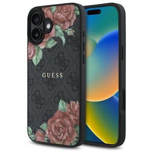 Husa pentru iPhone 16, Hardcase 4G Flower Print MagSafe, Guess, Negru