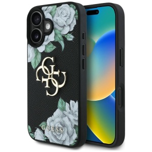 Husa pentru iPhone 16, Hardcase 4G Grained Roses Big Logo, Guess, Negru