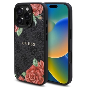 Husa pentru iPhone 16 Pro, Hardcase 4G Flower Print MagSafe, Guess, Negru