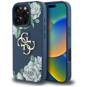Husa pentru iPhone 16 Pro, Hardcase 4G Grained Roses Big Logo, Guess, Albastru