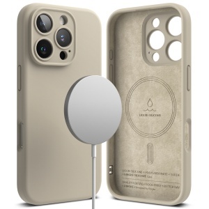 Husa pentru iPhone 16 Pro Max, Antisoc Silicon, Policarbonat, Ringke, Silicone Magnetic MagSafe, Crem