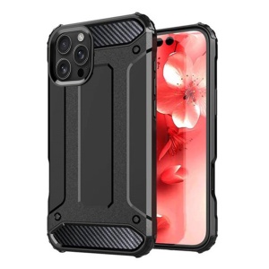 Husa pentru iPhone 16 Pro, SKYDDAR INNOVATION, Hybrid Armor, din Plastic Dur, Margini Cauciucate, Antisoc, Negru, set cu sticker