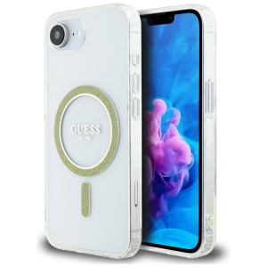 Husa pentru iPhone 16e, IML Glitter Circle MagSafe, Guess, Transparenta
