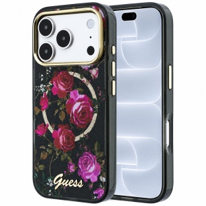 Husa pentru iPhone 18 Pro / iPhone 17 Pro - Guess IML Glitter Blossom Roses MagSafe (GUHMP18L6HTBGSLK) - Black