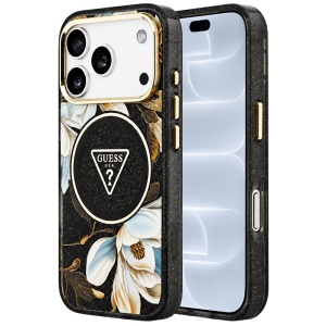 Husa pentru iPhone 18 Pro / iPhone 17 Pro - Guess IML Metal Glitter Flowers Triangle MagSafe - Black