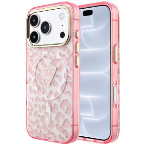 Husa pentru iPhone 18 Pro / iPhone 17 Pro - Guess Leopard Glitter Triangle Logo MagSafe (GUHMP18LHLEGTGLP) - Pink