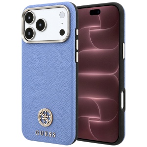 Husa pentru iPhone 18 Pro Max / iPhone 17 Pro Max - Guess Grained Leather Round Strass Logo MagSafe - Light Blue