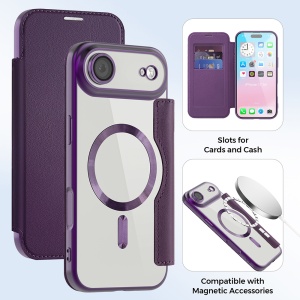 Husa pentru iPhone Air tip carte, SKYDDAR INOVATION, SmartMag Book, Magsafe, RFiD, Suport Carduri, set cu sticker, Mov - Img 3