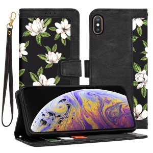 Husa pentru iPhone XS Max din Piele Ecologică cu Design Floral, Protecție 360°, Stand Integrat, Buzunare pentru Carduri, SKDR Floral Wallet - Negru