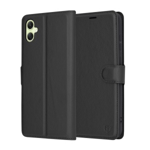 Husa pentru Samsung Galaxy A05, SKYDDAR INNOVATION, Leather Folio tip Carte, cu Portofel Interior, Finisaje Premium, set cu sticker, Negru