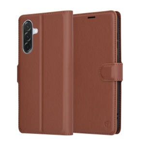 Husa pentru Samsung Galaxy A36 5G, SKYDDAR INNOVATION, Leather Wallet, tip Carte, cu Portofel Interior, Finisaje Premium, Maro, set cu sticker