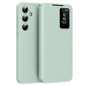 Husa pentru Samsung Galaxy S23 FE tip carte, Skyddar, cu portofel si SmartView, Premium, set cu sticker, Verde