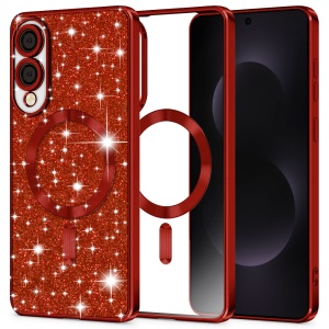 Husa pentru Samsung Galaxy S25 Edge, SKYDDAR INNOVATION, Luxury Glitter Magsafe, Antisoc, Fundal Detasabil 2-in-1, Protectie Superioara, Margini Ridicate, Rosu, set cu sticker