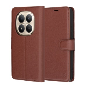 Husa pentru Xiaomi Redmi Note 15 Pro+ 5G / Poco M8 Pro 5G, SKYDDAR INNOVATION, Leather Folio tip Carte, cu Portofel Interior, Finisaje Premium, set cu sticker, Maro