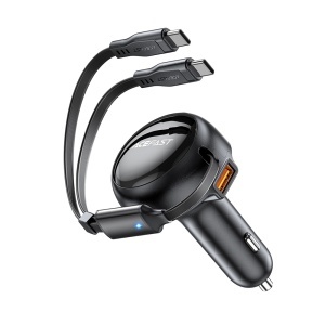 Incarcator Auto 53W, 2x Type-C + 1x USB, Cablu Retractabil 70+15cm, Fast Charging, Acefast B13, Negru