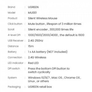 Mouse Fara Fir 1000-4000 DPI, Ugreen Slim Design MU001, Gri - Img 7