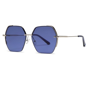 Ochelari de soara dama, forma Hexagon, Rama metalica, set cu sticker, Model 8561, Albastru;argintiu