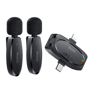 Set 2 microfoane lavaliera wireless, 2.4GHz, 3 in 1 Receiver, USB-C, Lightning, Jack 3.5mm, Yesido, Negru