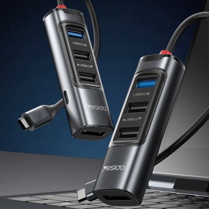 Statie de andocare, 5 in 1, Type-C la 3x USB, DisplayPort, PD 100W, 4K, Yesido, Gri - Img 2