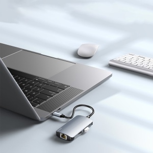 Statie de andocare, USB-C la USB 3.0, SD/TF, RJ45 100Mbps, PD 80W, Aliaj aluminiu, Yesido, Gri - Img 6