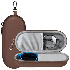 Toc Ochelari cu fermoar, Piele poliuretanica, 2 compartimente, set cu sticker, Model ETJ3, Maro