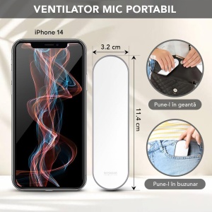 Ventilator Portabil Mini, de Poseta, de Birou, de Mana, Silentios, Pliabil, 1200mAh, SKDR NiniFan - Roz - Img 3