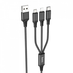 Cablu de Date 3in1 USB la Type-C, Micro-USB, Lightning, Fast Charging 2A, 1m, Hoco - Negru