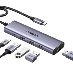 Hub Multiport, Slim, USB-C, 3x USB, HDMI, PD100W, 5Gbps, 4K, 0.2m, Ugreen, Gri