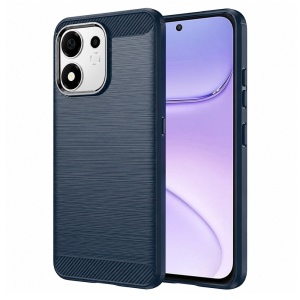 Husa pentru Honor 600 Smart din Silicon Slim, cu textura Fibra Carbon, set cu sticker, Carbon Silicone, Albastru