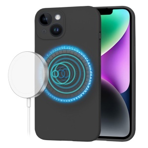 Husa pentru iPhone 14, SKYDDAR INNOVATION, din Silicon Catifelat, SoftFlex Magsafe, Negru, set cu sticker
