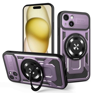 Husa pentru iPhone 15 Plus, SKYDDAR INNOVATION, RuggedCam, Inel magnetic antisoc, set cu sticker, Mov