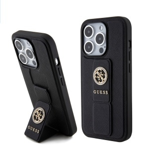 Husa pentru iPhone 15 Pro Max, Grip Stand 4G Saffiano Strass, Guess, Negru