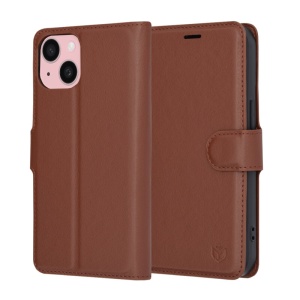 Husa pentru iPhone 15, SKYDDAR INNOVATION, Leather Folio, tip Carte, cu Portofel Interior, Finisaje Premium, Maro, set cu sticker