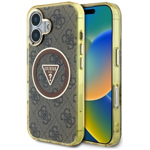 Husa pentru iPhone 16, IML Metal Glitter 4G Circle Triangle MagSafe, Guess, Maro