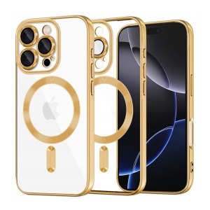 Husa pentru iPhone 16 Pro Max, Antisoc, Protectie camera, set cu sticker, Luxury Shield Magsafe, Auriu