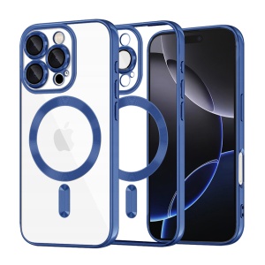 Husa pentru iPhone 16 Pro Max, Antisoc, Protectie camera, set cu sticker, Luxury Shield Magsafe, Albastru