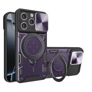 Husa pentru iPhone 16 Pro, SKYDDAR INNOVATION, CamGuard Pro, Inel Magnetic, Protectie Camera, Mov, set cu sticker