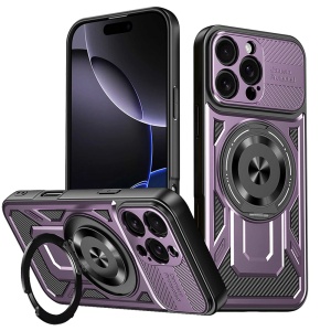 Husa pentru iPhone 16 Pro, SKYDDAR INNOVATION, RuggedCam, Inel magnetic antisoc, set cu sticker, Mov