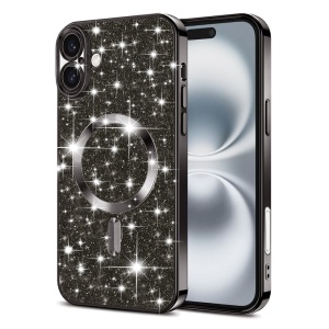 Husa pentru iPhone 16, SKYDDAR INNOVATION, Luxury Glitter Magsafe, Antisoc, Fundal Detasabil 2-in-1, Protectie Superioara, Margini Ridicate, Negru, set cu sticker