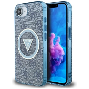 Husa pentru iPhone 16e, IML Metal Glitter 4G Circle Triangle MagSafe, Guess, Albastru