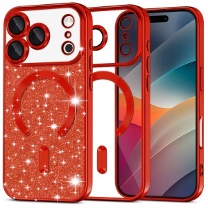 Husa pentru iPhone 17 Pro, SKYDDAR INNOVATION, Luxury Glitter Magsafe, Antisoc, Fundal Detasabil 2-in-1, Margini Ridicate, set cu sticker, Rosu