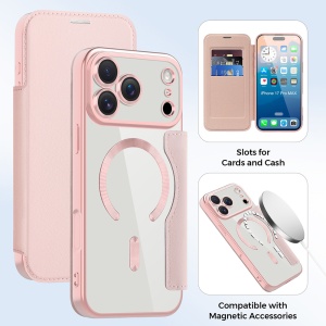 Husa pentru iPhone 17 Pro tip carte, SKYDDAR INOVATION, SmartMag Book, Magsafe, RFiD, Suport Carduri, set cu sticker, Roz - Img 3