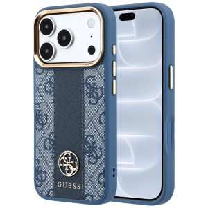 Husa pentru iPhone 18 Pro / iPhone 17 Pro - Guess Leather 4G Stripe Round Classic Logo MagSafe - Blue