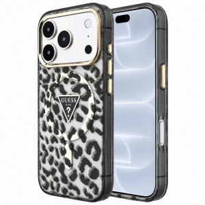 Husa pentru iPhone 18 Pro / iPhone 17 Pro - Guess Leopard Glitter Triangle Logo MagSafe (GUHMP18LHLEGTGLK) - Black