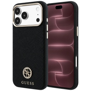 Husa pentru iPhone 18 Pro Max / iPhone 17 Pro Max - Guess Grained Leather Round Strass Logo MagSafe - Black
